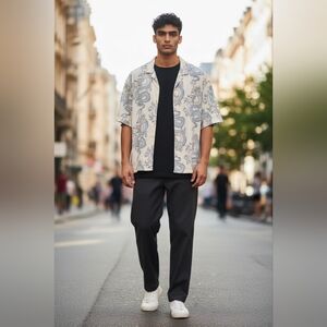 TEN11 Dragon Print Button Up Shirt Blue White Graphic Short Sleeve Boxy M Unisex